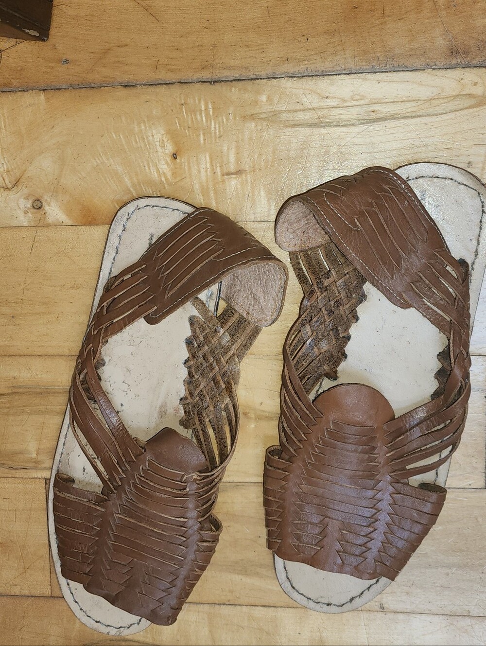 Men's Tan Woven Leather Slide Sandals Huaraches
